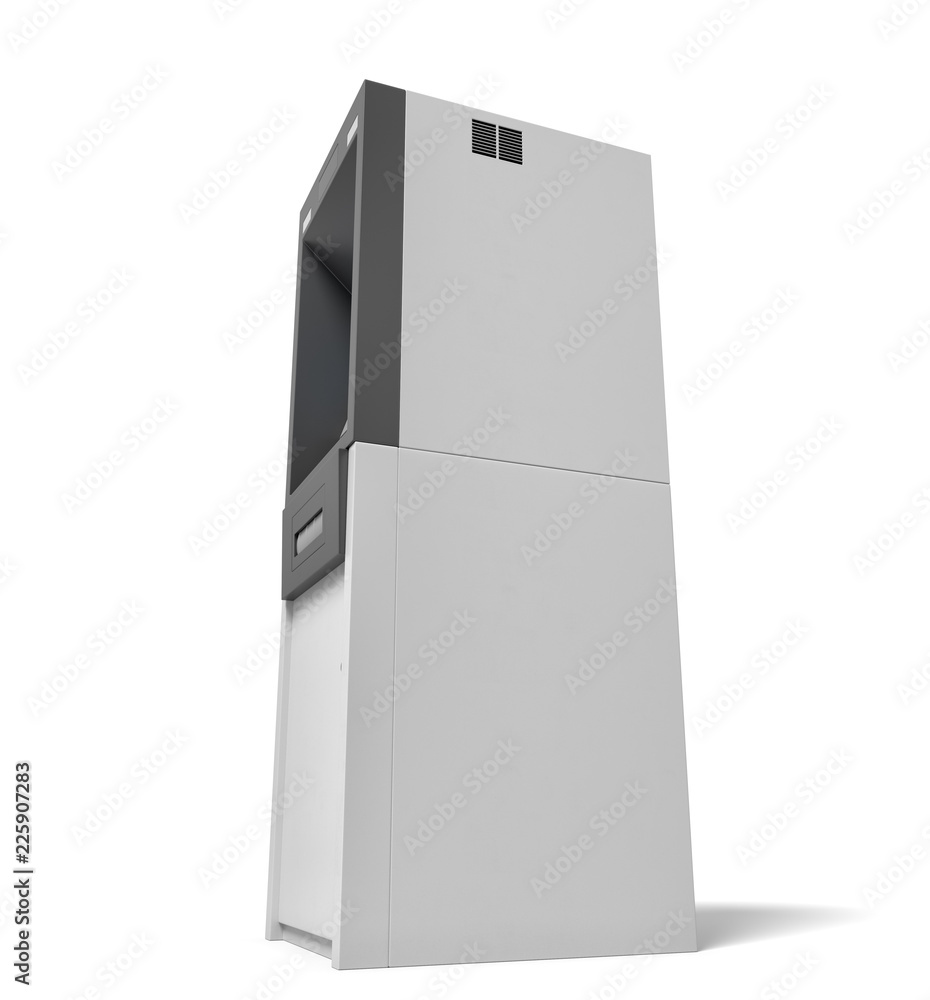 Poster 3d rendering of an isolated bank atm machine with a lit blue screen on white background.