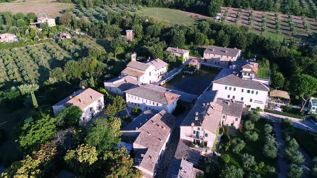 aerial shot of the lovely village of bagno vignoni in val d'Orcia 