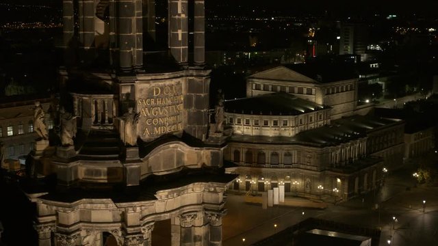 Dresden night scene Drone aerial Semperoper, Katholische Hofkirche, Frauenkirche, Kunsthochschule