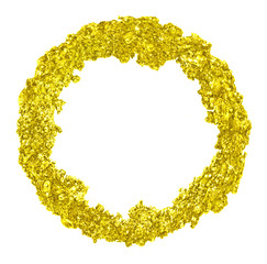 Golden metal circle from slag on white background.
