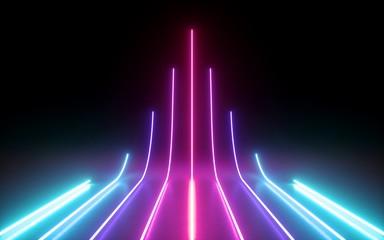 3d render, abstract minimal background, glowing lines going up, arrow, cyber, chart, pink blue neon lights, ultraviolet spectrum, laser show