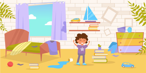 Children's room. Dirty, messy Vector. Cartoon. Isolated art on white background.