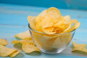 Potato chips with spicy in a glass bowl