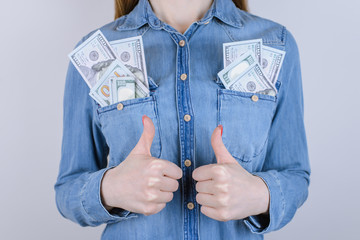Shopping online buyer receive sell loan tax win wallet profit bundle stack pile ok okay wed  people student concept. Cropped close up photo of satisfied person making money isolated on gray background
