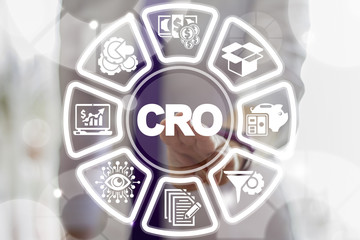 Business woman push cro button on a virtual screen. Conversion Rate Optimization. CRO Business...