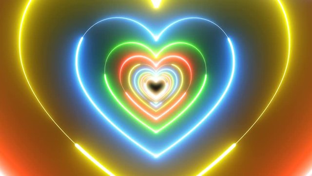 Hearts neon tunnel loop. Abstract Lights Background, multicolor neon lights Hearts tunnel loop. dance, music. disco and clubs background. Valentine day, romance and love background. fashion laser show