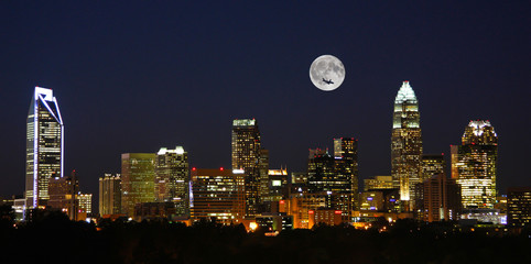 Charlotte City Skyline at Night with Full Moon - obrazy, fototapety, plakaty