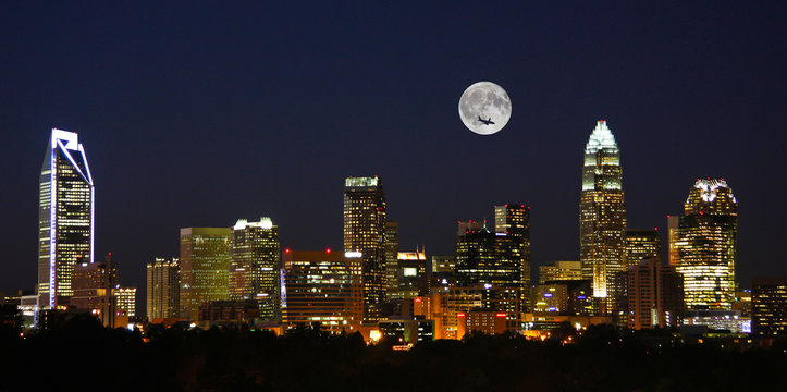 Charlotte City Skyline at Night with Full Moon