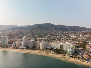 Aerial panoramic view of the Acapulco Bay in Mexico during the sunset