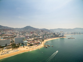 Aerial panoramic view of the Acapulco Bay in Mexico during the sunset