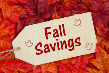 Fall Savings message on a wood gift tag