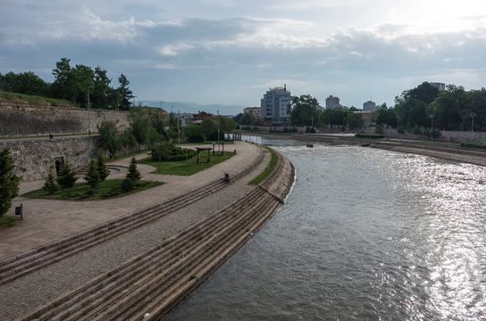 Nisava river embankment in Serbian city Nis city center. Serbia