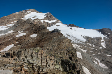 View to Vincent Pyramid mount and Bors glacier in Monte Rosa massif near Punta Indren. Alagna...