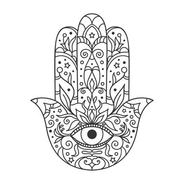 Vector illustration. Black and white coloring with hamsa