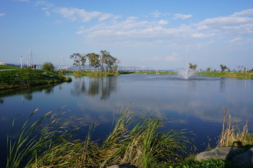 Fototapeta na wymiar Озеро с фонтаном.