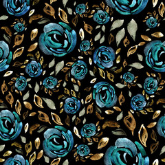 Seamless background pattern. Rose, poppy, pomegranate buds. Authentic hand drawn illustration. Watercolor.