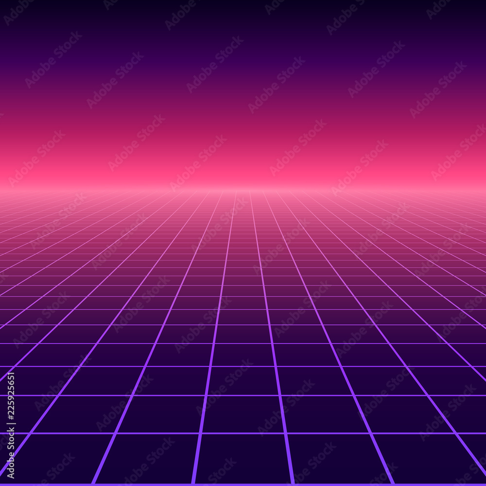 Aufkleber Vector perspective grid. Abstract retro background in 80s style.