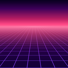 Vector perspective grid. Abstract retro background in 80s style.