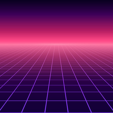 Vector perspective grid. Abstract retro background in 80s style.