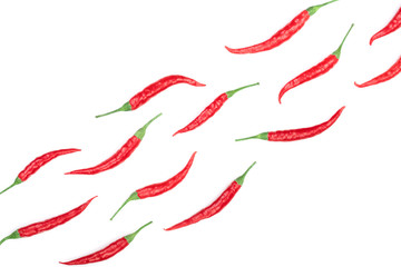 red hot chili peppers isolated on white background with copy space for your text. Top view. Flat lay pattern