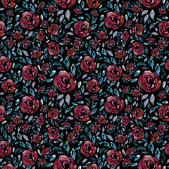 Roses on a black background, hand-painted, seamless pattern. Wallpaper, fabric, watercolor.