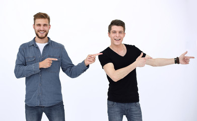 Standing young people pointing a finger in each hand