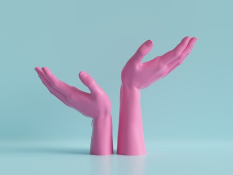 3d render, female hands isolated, jewelry shop display, minimal fashion background, mannequin body parts, helping hands, show, presentation, pink blue pastel colors