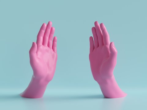 3d render, female hands isolated, open palms, jewelry shop display, minimal fashion background, mannequin body parts, helping hands, show, presentation, pink blue pastel colors