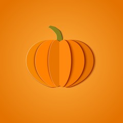Paper cut orange pumpkin. Origami whole sweet pumpkin. Design elements for Halloween party, Thanksgiving Day card. Vector illustration. Paper art style.