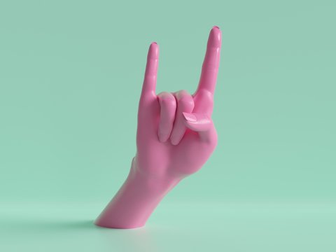 3d render, female hands isolated, party rock gesture, sign, shop display, minimal fashion background, mannequin body part, pink mint pastel colors