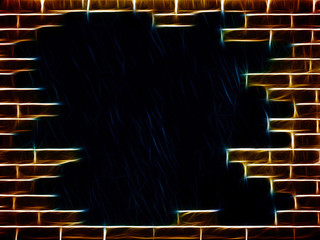 Grunge stylized tongues of flame brick wall shape with hole inside.