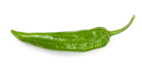 green hot chili peppers isolated on white background. Top view. Flat lay pattern