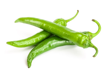 green hot chili peppers isolated on white background. Top view. Flat lay pattern