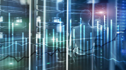 Double exposure Economics growth diagrams on blurred background. Business and investment concept.