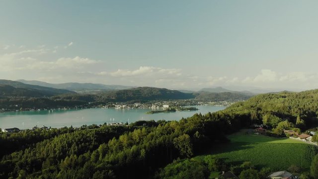 Beautiful view of lake Worthersee and town Portschach, Austria