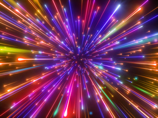 Naklejka premium 3d render, new year fireworks, abstract cosmic background, multicolor big bang, falling stars, galaxy, celestial, beauty of universe, speed of light, neon glow, ultraviolet infrared light, outer space