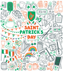 Saint Patrick's Day traditional symbols. Irish music, flags, beer mugs,  clover, pub decoration, rainbow, leprechaun hat, pot of gold coins. Hand drawn vector illustration isolated on white background