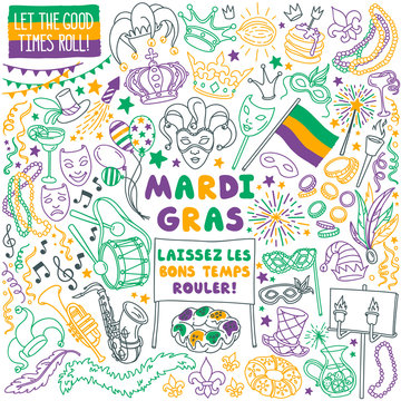 Mardi Gras doodle set. Carnival masks and party decorations. Hand drawn vector illustration isolated on white background.