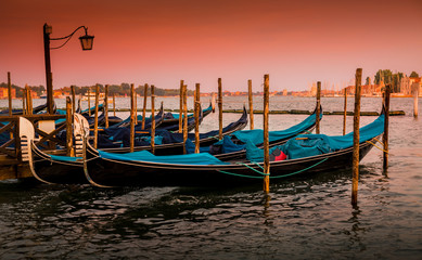 Italy, Venice landscape with gondolas - sunset light