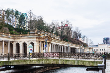 Mill Colonnade at Mlynske nabrezi street in Karlovy Vary. Bohemia. Czech Republic