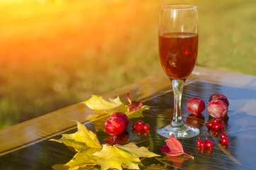 Fresh red wine and autumn leaves in background.