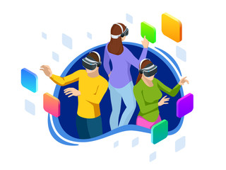 Isometric man and woman using a virtual reality glasses. Futuristic gadgets, virtual reality headset concept for web banner flat design of promotion