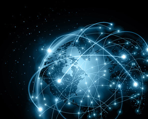 Obraz premium Best Internet Concept of global business. Globe, glowing lines on technological background. Wi-Fi, rays, symbols Internet, 3D illustration