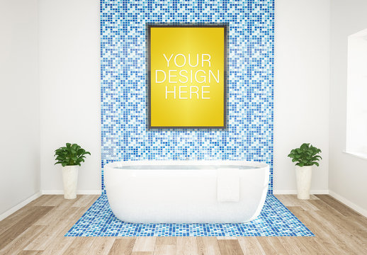 Vertical Poster near Bathtub Mockup