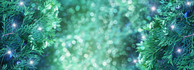 Christmas festive background. Background of branches of thuja, snowflakes, glow, bokeh