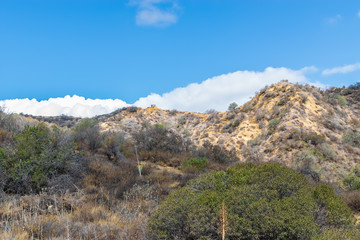 Thick white clouds over hillsides in California mountain