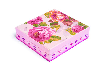 Isolated box with pink roses floral seamless print on the top with white background