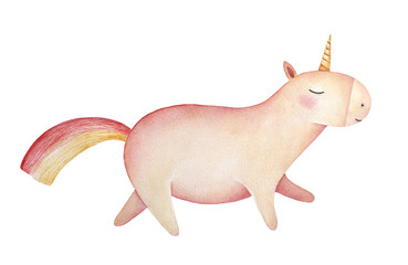 Illustration of happy little one romantic unicorn with closed eyes, blushing cheeks, gold horn, long bushy tail. Hand drawn water colour painting on white, cutout element for design, decoration, art.