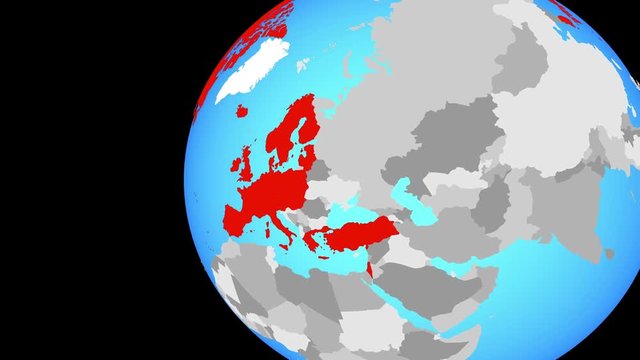 OECD European members on blue political globe. Orbiting around globe and zooming to the country. 3D illustration.