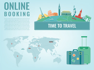 Travel composition with famous world landmarks. Travel and Tourism. Concept website template. Vector